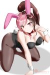  1girl alfred_cullado all_fours alternate_costume alternate_hairstyle animal_ears bare_arms bare_shoulders black_leotard blush bow bowtie breasts brown_eyes brown_hair brown_legwear bunny_ears bunny_girl bunny_tail bunnysuit cleavage closed_mouth detached_collar eyebrows_visible_through_hair eyes_visible_through_hair fake_animal_ears female fishnet_pantyhose fishnets hair_ribbon hand_up head_tilt heterochromia high_heels highres large_breasts leotard long_hair looking_at_viewer multicolored_hair neo_(rwby) no_shoes pantyhose pink_bunny_ears pink_eyes pink_hair playboy_bunny_leotard ponytail red_neckwear ribbon rwby shadow shiny shiny_hair sidelocks simple_background smile solo strapless strapless_leotard tail two-tone_hair white_background white_ribbon wrist_cuffs 