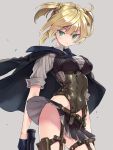  1girl black_gloves blonde_hair braid breasts contrapposto corset covered_navel cowboy_shot eyebrows_visible_through_hair girls_frontline gloves green_eyes grey_background gun handgun highres hiyo_moo holster jacket_on_shoulders looking_at_viewer medium_breasts miniskirt necktie no_panties pleated_skirt short_twintails simple_background skirt solo thigh_holster twintails underbust v-shaped_eyebrows weapon welrod_mk2_(girls_frontline) wind wind_lift 