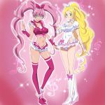  2girls blonde_hair blue_eyes boots breasts choker closed_mouth cure_melody cure_rhythm erect_nipples frilled_skirt frills green_eyes hairband highres houjou_hibiki long_hair looking_at_viewer magical_girl medium_breasts midriff minamino_kanade multiple_girls musical_note navel ontaros pink_background pink_choker pink_footwear pink_hair pink_hairband pink_legwear ponytail precure puffy_short_sleeves puffy_sleeves short_sleeves skirt smile standing suite_precure thighhighs twintails very_long_hair white_choker white_footwear white_hairband wrist_cuffs 