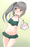  1girl :o arms_behind_back bangs bare_shoulders bikini blush breasts collarbone commentary_request eyebrows_visible_through_hair frilled_bikini frills gluteal_fold grey_hair hair_between_eyes kantai_collection kasumi_(kantai_collection) long_hair looking_away minamura_haruki navel open_mouth simple_background small_breasts solo spoken_blush standing sweat sweatdrop swimsuit yellow_eyes 