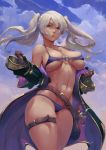  1girl absurdres areola_slip areolae belt bikini breasts brown_eyes cutesexyrobutts female_my_unit_(fire_emblem:_kakusei) fire_emblem fire_emblem:_kakusei fire_emblem_heroes highres hip_focus huge_filesize jewelry large_breasts leg_belt long_hair my_unit_(fire_emblem:_kakusei) navel necklace nintendo o-ring o-ring_bikini paid_reward parted_lips patreon_reward purple_bikini skindentation sky sweat swimsuit thick_thighs thighs twintails white_hair 