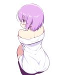  1girl ass bare_shoulders chan_co dress eyebrows_visible_through_hair fate/grand_order fate_(series) from_above from_behind full_body glasses looking_back mash_kyrielight off-shoulder_dress off-shoulder_sweater off_shoulder profile purple_eyes purple_hair ribbed_sweater short_hair simple_background solo squatting sweater sweater_dress white_background 