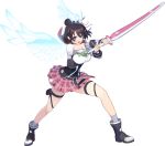  &gt;:o akari_hoshiyama angel_rock:feel_girls_emotion black_footwear boots breasts brown_hair fighting_stance full_body hair_bun halo holding holding_sword holding_weapon large_breasts medium_hair official_art pink_skirt plaid plaid_skirt skirt standing sword transparent_background weapon white_wings wings 