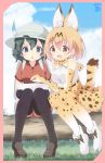  2girls animal_ear_fluff animal_ears aosora_neko backpack bag bare_shoulders belt black_hair black_legwear blonde_hair blue_eyes boot_bow boots bow bowtie commentary_request elbow_gloves eyebrows_visible_through_hair gloves hat_feather helmet high-waist_skirt highres kaban_(kemono_friends) kemono_friends knees_together_feet_apart loafers log multicolored_hair multiple_girls pantyhose pith_helmet pointing print_gloves print_legwear print_neckwear serval_(kemono_friends) serval_ears serval_print serval_tail shirt shoes short_hair short_sleeves shorts sitting skirt sleeveless t-shirt tail thighhighs yellow_eyes 