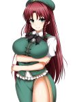  1girl arms_under_breasts beret braid breasts buttons china_dress chinese_clothes dress eyebrows_visible_through_hair green_headwear hair_between_eyes hat highres hong_meiling isshin_(sasayamakids) jewelry large_breasts long_hair necklace open_clothes open_skirt puffy_short_sleeves puffy_sleeves red_hair shirt short_sleeves simple_background skirt smile solo star tangzhuang thighs touhou twin_braids white_background white_shirt 