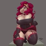  2019 anthro big_breasts breasts cherry_jubilee_(mlp) cleavage clothed clothing digital_media_(artwork) earth_pony equid equine female friendship_is_magic green_eyes grey_background hair horse kevinsano long_hair mammal my_little_pony pony red_hair signature simple_background smile solo thick_thighs 