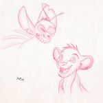  2015 alien antennae back_spines chest_tuft disney duo eduardo_garcia experiment_(species) felid head_tuft lilo_and_stitch lion mammal monochrome notched_ear open_mouth open_smile pantherine red_and_white simba simple_background sketch smile squint stitch the_lion_king tuft white_background 