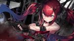  abarabone anthropomorphism blood cz-75_(girls_frontline) girls_frontline gloves gun long_hair red_eyes red_hair signed torn_clothes twintails weapon 