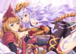  2girls armor armored_dress ass athena_(granblue_fantasy) bangs bed blonde_hair blunt_bangs blush bodysuit braid breastplate breasts canopy_bed cleavage_cutout dress elbow_gloves eyebrows_visible_through_hair gauntlets gloves granblue_fantasy hair_between_eyes hair_leaf headpiece highres keepvalley large_breasts lavender_hair long_hair lying medusa_(shingeki_no_bahamut) multiple_girls on_back on_bed open_mouth orange_eyes pillow pinky_swear pointy_ears purple_eyes shingeki_no_bahamut slit_pupils smile tail thigh_strap very_long_hair white_pillow yuri 