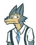  absurd_res anthro beastars canid canine canis clothed clothing digital_media_(artwork) fur grey_fur hi_res legosi_(beastars) male mammal necktie shirt simple_background sketch skribbleydoo solo suspender_straps tan_fur white_background wolf 