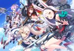  1girl animal_ears ayanami_(azur_lane) azur_lane bare_shoulders crown eyebrows_visible_through_hair fake_animal_ears gloves green_eyes hair_between_eyes high_ponytail holding holding_sword holding_weapon horns javelin_(azur_lane) katana laffey_(azur_lane) long_hair looking_at_viewer multiple_girls open_mouth orange_eyes ponytail purple_eyes purple_hair shimakaze_(azur_lane) shirt silver_hair sleeveless sleeveless_shirt suruga_(azur_lane) sword twintails weapon white_camisole white_legwear 