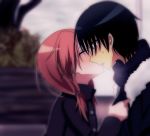  1boy 1girl ansatsu_kyoushitsu black_coat black_hair black_scarf blurry blurry_background cheek_kiss chiba_ryuunosuke coat couple fur-trimmed_coat fur_trim hair_over_shoulder hayami_rinka highres kiss long_hair memekemama open_mouth purple_eyes red_hair scarf sweatdrop upper_body 