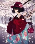  1girl bag bangs black_hair blue_kimono bow brown_gloves building capelet cherry_blossoms commentary_request floral_print flower gloves handbag hat hat_bow hat_flower highres holding holding_bag japanese_clothes kimono long_sleeves looking_at_viewer original parted_lips pink_flower print_kimono purple_eyes red_capelet red_flower red_headwear short_hair solo tree white_bow white_flower wide_sleeves window yasukura_(shibu11) 
