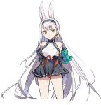  1girl animal_ears azur_lane bangs bare_shoulders breasts brown_eyes bunny_ears eyebrows_visible_through_hair long_hair looking_at_viewer shimakaze_(azur_lane) shirotae_moyashi simple_background small_breasts smile solo standing thick_eyebrows underboob white_background white_hair yellow_eyes 