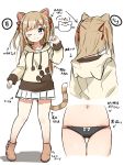  1girl ;) absurdres animal_ears animal_hood beige_hoodie black_panties blue_eyes blush_stickers boots brown_footwear cat_ears cat_hair_ornament cat_hood cat_tail character_sheet commentary_request full_body hair_ornament hair_ribbon hairclip highres hood hood_down hoodie light_brown_hair long_hair long_sleeves miniskirt navel one_eye_closed original panties paw_print pleated_skirt ribbon simple_background sketch skirt smile sora_(silent_square) tail translation_request two_side_up underwear white_background 