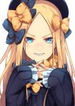 1girl abigail_williams_(fate/grand_order) bangs black_bow black_dress black_headwear blonde_hair blue_eyes blush bow commentary_request dress evil_grin evil_smile fate/grand_order fate_(series) fingernails forehead grin hair_bow hands_up hat interlocked_fingers long_hair long_sleeves looking_at_viewer orange_bow parted_bangs polka_dot polka_dot_bow shimozuki_shio simple_background sleeves_past_wrists smile solo upper_body very_long_hair white_background 