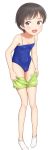  1girl absurdres blue_swimsuit competition_school_swimsuit fang flat_chest full_body highres leaning_forward looking_at_viewer nyarukac open_mouth original school_swimsuit simple_background socks solo standing swimsuit undressing white_background white_legwear yellow_eyes 