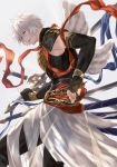  armor elbow_gloves fingerless_gloves gloves granblue_fantasy looking_back lucio_(granblue_fantasy) male_focus mini_wings multiple_swords open_mouth short_hair silver_hair smile tukune wings 