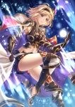  1girl ahoge armpits bangs belt black_footwear black_gloves black_hairband blonde_hair blue_background breasts brown_eyes cape closed_mouth commentary detached_leggings djeeta_(granblue_fantasy) earrings elbow_gloves english_commentary eyebrows_visible_through_hair gloves glowing granblue_fantasy hairband high_heels holding jewelry leg_up medium_breasts midriff petals red_shorts serious short_hair short_shorts shorts shoulder_pads solo sparkle swept_bangs thighs vambraces villyane white_cape 