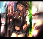  1girl alternate_costume azur_lane belt breasts brick_wall building commentary_request cowboy_shot denim denim_shorts enterprise_(azur_lane) eyebrows_visible_through_hair fur_collar halter_top halterneck hands_in_pockets hat jacket lamppost large_breasts leaning_back midriff navel open_mouth otsunabe_(naabe_delta) purple_eyes shorts silver_hair solo standing urban window 