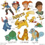  2016 3_fingers 3_toes 4_fingers 4_toes 5_fingers alien alternate_form ash_ketchum back_markings black_hair blue_body blue_claws blue_eyes blue_fur blue_nose blue_pawpads brock_(pok&eacute;mon) brown_eyes brown_hair bulbasaur character_name charmander chest_tuft claws clothed clothing dipstick_ears disney english_text experiment_(species) eyes_closed fangs fingerless_gloves fire flaming_tail fully_clothed fur gloves green_body green_eyes group hair hat head_tuft hi_res human lilo_and_stitch lying mammal markings misty_(pok&eacute;mon) mosssleeper nintendo notched_ear on_front open_mouth open_smile orange_body orange_hair pawpads pikachu pok&eacute;ball pok&eacute;mon pok&eacute;mon_(species) realistic red_cheeks red_eyes rodent shell simple_background sitting sleeping small_tail smile sneakers sound_effects speech_bubble squirtle stitch text toe_claws toes tuft url video_games whiskers white_background white_claws yellow_fur zzz 