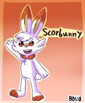  2019 3_fingers ambiguous_gender anthro bds17 biped buckteeth character_name chest_tuft english_text eyebrows fur happy head_tuft hi_res inner_ear_fluff lagomorph mammal nintendo open_mouth orange_background orange_eyes orange_fur orange_nose pok&eacute;mon pok&eacute;mon_(species) scorbunny signature simple_background standing teeth text tongue tuft video_games white_fur 