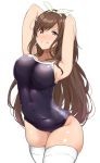  1girl armpits arms_behind_head arms_up bad_anatomy bangs bare_shoulders blue_swimsuit blush bow breasts brown_eyes brown_hair cleavage closed_mouth commentary_request covered_navel hair_bow hairband highres hip_focus idolmaster idolmaster_shiny_colors large_breasts long_hair looking_at_viewer one-piece_swimsuit simple_background smile solo swept_bangs swimsuit thighhighs thighs tokiwa_midori_(kyokutou_funamushi) tsukioka_kogane white_background white_bow white_legwear 