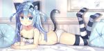  1girl animal_ear_fluff animal_ears ass bangs bare_arms bare_shoulders bed_sheet black_bow black_bra black_panties blue_bow blue_eyes blue_hair blush bow bow_bra bra breasts cat_ears cat_girl cat_hair_ornament cat_tail collarbone commentary_request eyebrows_visible_through_hair flower frilled_bra frilled_panties frills full_body hair_between_eyes hair_bow hair_ornament hairband headband legs_up long_hair looking_at_viewer lying on_stomach open_mouth original panties parted_lips picture_frame pillow polka_dot polka_dot_bra polka_dot_panties saeki_sora signature small_breasts soles solo striped striped_legwear tail tail_raised thighhighs twintails underwear underwear_only vertical_stripes very_long_hair white_flower white_hairband 