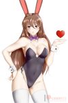  1girl alfred_cullado animal_ears bare_shoulders breasts brown_eyes brown_hair bunny_ears bunny_girl bunnysuit cleavage detached_collar hand_on_hip highres leotard long_hair medium_breasts rwby smile solo strapless strapless_leotard thighhighs velvet_scarlatina wrist_cuffs 