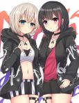  2girls :o aoba_moka aqua_eyes bang_dream! bangs black_choker black_jacket black_shorts blush bob_cut breasts choker cleavage clothes_writing commentary_request crop_top cross-laced_clothes earrings grey_hair highres hood hood_down hooded_jacket jacket jewelry long_sleeves looking_at_viewer midriff mitake_ran multicolored_hair multiple_girls navel o-ring paint_stains pendant purple_eyes red_hair red_shirt ryakusun shirt short_hair short_shorts shorts smile streaked_hair striped striped_shorts thigh_strap v white_shirt 