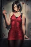  1girl ada_wong against_wall artist_name bangs bare_arms bare_shoulders black_bow black_choker black_hair black_legwear blood bow bracelet breasts brown_eyes choker closed_mouth collarbone commentary cowboy_shot dated dress highres holding jewelry lips looking_at_viewer medium_breasts pantyhose parted_bangs red_dress resident_evil sciamano240 short_hair signature sleeveless sleeveless_dress walkie-talkie wall watch wristwatch 