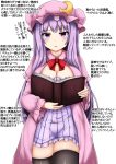  1girl :d absurdres bangs book breasts cleavage commentary dress eyebrows_visible_through_hair hair_between_eyes hat highres holding holding_book isshin_(sasayamakids) jewelry large_breasts long_hair looking_at_viewer moon_(ornament) necklace nightcap nightgown open_mouth patchouli_knowledge purple_eyes purple_hair simple_background sleepwear smile striped striped_dress thighhighs thighs touhou translation_request white_background 