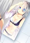  1girl aimyun alternate_costume black_bra blue_eyes bra breasts cleavage hair_ornament hair_over_one_eye hairclip hamakaze_(kantai_collection) hand_in_hair highres kantai_collection looking_at_mirror medium_breasts mirror open_clothes open_shirt shirt short_hair silver_hair smile solo underwear white_shirt 