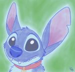  2016 alien black_eyes blue_fur blue_nose collar colored_sketch digital_drawing_(artwork) digital_media_(artwork) disney experiment_(species) fur green_background head_tuft lilo_and_stitch looking_at_viewer notched_ear pawswolfdog signature simple_background solo stitch 