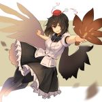  1girl :d bangs black_bow black_hair black_legwear black_neckwear black_skirt black_wings bow bowtie breasts commentary_request eyebrows_visible_through_hair fan feathered_wings feet_out_of_frame foreshortening grey_background hair_between_eyes hat highres holding holding_fan large_breasts leaf_fan looking_at_viewer open_mouth pantyhose petticoat pom_pom_(clothes) puffy_short_sleeves puffy_sleeves red_eyes rin_falcon shameimaru_aya shirt short_hair short_sleeves skirt smile solo tassel tokin_hat touhou two-tone_background white_background white_shirt wings 