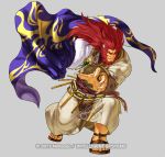  1boy animal_ears beard belt caineghis cape facial_hair fire_emblem fire_emblem:_akatsuki_no_megami fire_emblem_heroes full_body fur_trim grey_background kita_senri lion_ears long_hair male_focus nintendo official_art orange_eyes red_hair solo teeth 