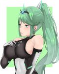  1girl armor bangs bare_shoulders breasts commentary elbow_gloves gem gloves green_background green_eyes green_hair hair_ornament headpiece j@ck jewelry large_breasts long_hair nintendo open_mouth pneuma_(xenoblade_2) ponytail pose sideboob simple_background solo spoilers swept_bangs tiara very_long_hair white_background xenoblade_(series) xenoblade_2 
