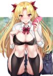  1girl ass bag bangs black_bra black_legwear black_panties blonde_hair blush bow bowtie bra breasts cameltoe cleavage collared_shirt earrings ereshkigal_(fate/grand_order) ero_waifu fate/grand_order fate_(series) feet_out_of_frame hair_ribbon hands_up holding holding_phone jewelry kneehighs knees_up lace lace-trimmed_bra large_breasts long_hair looking_at_viewer panties parted_bangs parted_lips phone plaid_neckwear red_eyes red_neckwear red_ribbon ribbon school_bag school_uniform shirt sidelocks sitting solo sweat thighs two_side_up underwear v-shaped_eyebrows white_shirt 
