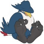  2019 3_toes alpha_channel ambiguous_gender avian barefoot beak biped bird blue_feathers claws digital_media_(artwork) feathered_wings feathers feet feral firebadger foot_focus front_view hi_res honchkrow humanoid_feet looking_at_viewer multicolored_feathers nintendo open_mouth pok&eacute;mon pok&eacute;mon_(species) pseudo_clothing red_feathers signature simple_background sitting smile soles solo tail_feathers toe_claws toes tongue transparent_background video_games white_feathers wings wrinkles yellow_beak 