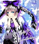 1girl bangs blue_bow blue_eyes blue_ribbon bow braid bug butterfly divine_gate dress eyebrows_visible_through_hair floating_hair getsuyoubi hair_bow hair_ribbon hairband happy_birthday head_rest highres insect layered_dress long_hair long_sleeves looking_at_viewer pinafore_dress purple_dress purple_hairband ribbon shirt short_dress silver_hair sleeveless sleeveless_dress smile solo squatting tripping twin_braids twintails very_long_hair white_shirt 