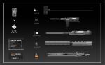  black_background cannon crane directional_arrow english_text gradient gradient_background grey_background gun highres lightning_bolt machine_gun no_humans original railgun science_fiction sledgehammer translation_request weapon yurichtofen 