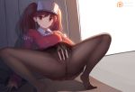  1girl anus ass black_legwear blush brown_eyes brown_hair censored crotch_seam feet flat_chest hand_in_pantyhose japanese_clothes kantai_collection kariginu looking_at_viewer magatama magic_xiang pantyhose pleated_skirt pussy red_shirt ryuujou_(kantai_collection) shirt skirt solo spread_pussy thighs twintails visor_cap 