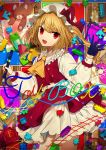  1girl :d ascot bangs black_gloves blonde_hair bow center_frills cover cowboy_shot crystal daimaou_ruaeru eyebrows_visible_through_hair fang flandre_scarlet frilled_shirt_collar frills gloves hand_up hat hat_bow holding holding_pen lego light_particles long_hair long_sleeves looking_at_viewer mob_cap nail_polish one_side_up open_mouth pen petticoat puffy_sleeves puzzle_piece red_bow red_eyes red_nails red_skirt shirt single_glove skirt skirt_set smile solo standing stuffed_animal stuffed_toy teddy_bear thighs touhou toy_train white_headwear white_shirt wings yellow_neckwear 