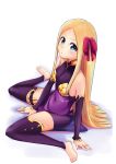  1girl abigail_williams_(fate/grand_order) alternate_costume bangs bare_shoulders barefoot blonde_hair blue_eyes blush breasts chobbi commentary_request cosplay detached_sleeves dot_nose dress fate/grand_order fate_(series) from_side hair_ornament highres jewelry kama_(fate/grand_order) kama_(fate/grand_order)_(cosplay) long_hair long_sleeves looking_at_viewer parted_bangs pink_ribbon purple_dress purple_legwear ribbon ring simple_background sitting small_breasts solo thighhighs white_background 
