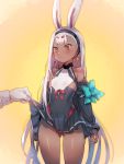  1girl animal_ears azur_lane bangs bare_shoulders blush bow_(bhp) breasts brown_eyes bunny_ears cowboy_shot dark_skin eyebrows_visible_through_hair gluteal_fold hairband lifted_by_another long_hair long_sleeves looking_at_viewer shimakaze_(azur_lane) simple_background skirt skirt_lift small_breasts solo_focus standing thick_eyebrows white_hair 