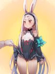  1girl animal_ears azur_lane bangs bare_shoulders blush bow_(bhp) breasts brown_eyes bunny_ears commentary_request cowboy_shot eyebrows_visible_through_hair gluteal_fold hairband long_hair long_sleeves looking_at_viewer shimakaze_(azur_lane) simple_background skirt skirt_lift small_breasts solo standing thick_eyebrows white_hair yellow_background 