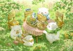  baguette bear bird black_eyes blush bow bowtie bread chair day food fork grass looking_at_another no_humans original outdoors picnic picnic_basket polar_bear red_bow red_neckwear scenery st.kuma tree 