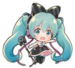  1girl :d bangs bare_shoulders black_bow black_footwear black_legwear black_skirt blue_eyes blush boots bow chibi collared_shirt diagonal_stripes eyebrows_visible_through_hair full_body gloves green_hair green_neckwear hair_between_eyes hair_bow hatsune_miku headphones long_hair looking_at_viewer lowres magical_mirai_(vocaloid) melings_(aot2846) microphone microphone_stand necktie open_mouth outstretched_arm round_teeth shirt short_necktie simple_background skirt sleeveless sleeveless_shirt smile solo striped striped_bow teeth thigh_boots thighhighs twintails upper_teeth very_long_hair vocaloid white_background white_gloves white_shirt 