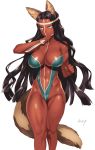  1girl animal_ears aqua_eyes bare_shoulders black_hair bodypaint breasts cleavage clenched_hand dark_skin fate/grand_order fate_(series) forehead genderswap genderswap_(mtf) geronimo_(fate/grand_order) highres holding holding_weapon leotard navel revealing_clothes rokkotsu shiny shiny_skin simple_background solo tail weapon white_background wolf_ears wolf_tail 
