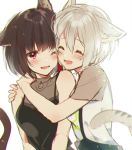  2girls :d ;d ^_^ animal_ears aoba_moka bang_dream! bangs black_hair black_shirt blush bob_cut cat_ears cat_tail cheek-to-cheek chromatic_aberration closed_eyes eyes_closed grey_hair hug kemonomimi_mode mitake_ran mizukikushou multicolored_hair multiple_girls one_eye_closed open_mouth red_hair shirt short_hair short_sleeves sleeveless smile streaked_hair suspenders tail upper_body white_background white_shirt 